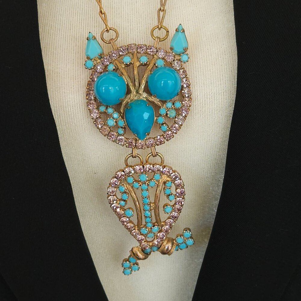 Vintage Alice Caviness Pink & Turquoise Rhinestone Owl Pendant Necklace